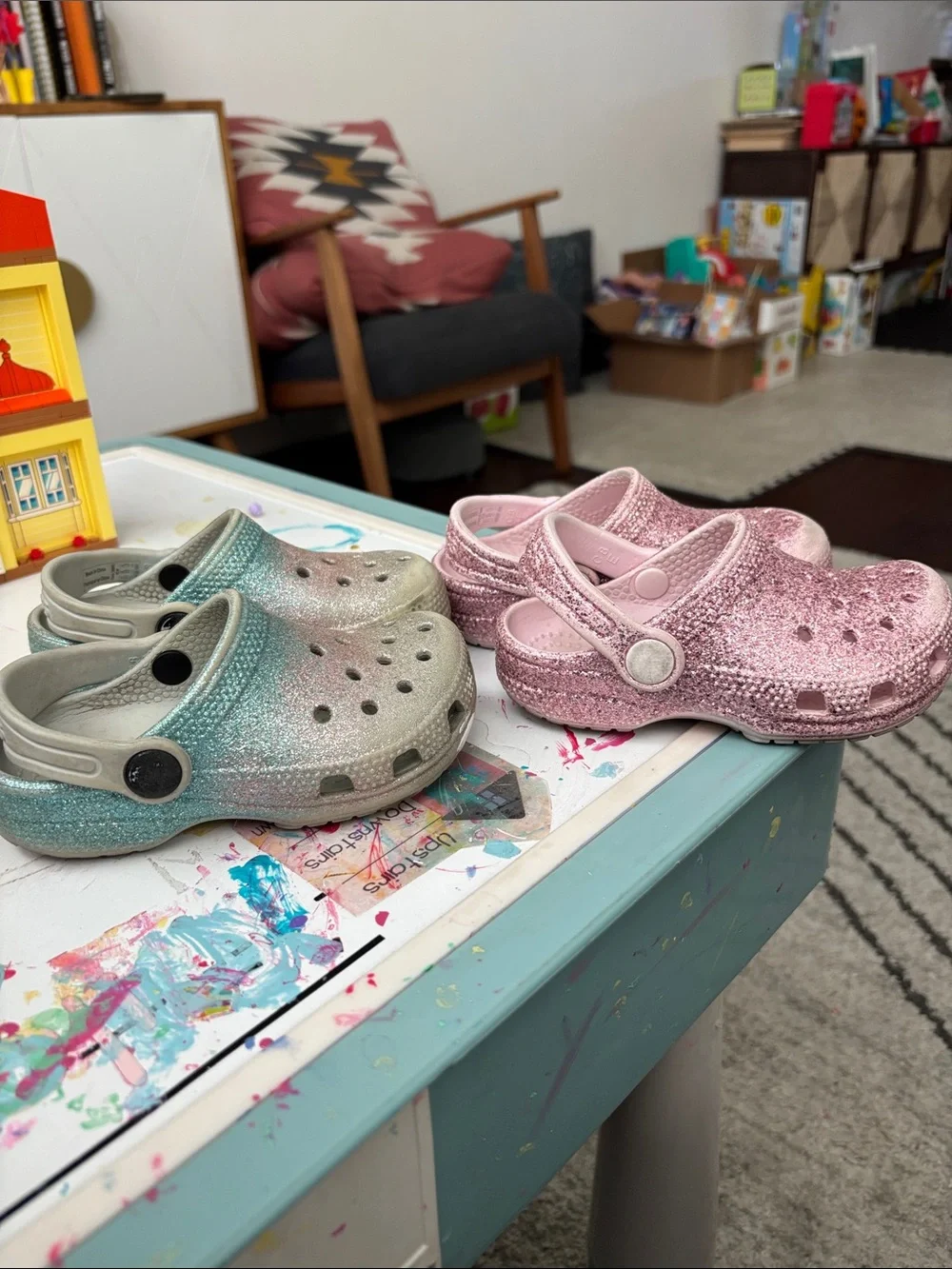 Kids Glitter Clog Shoes - Pink and Teal. Two pairs, size 8.